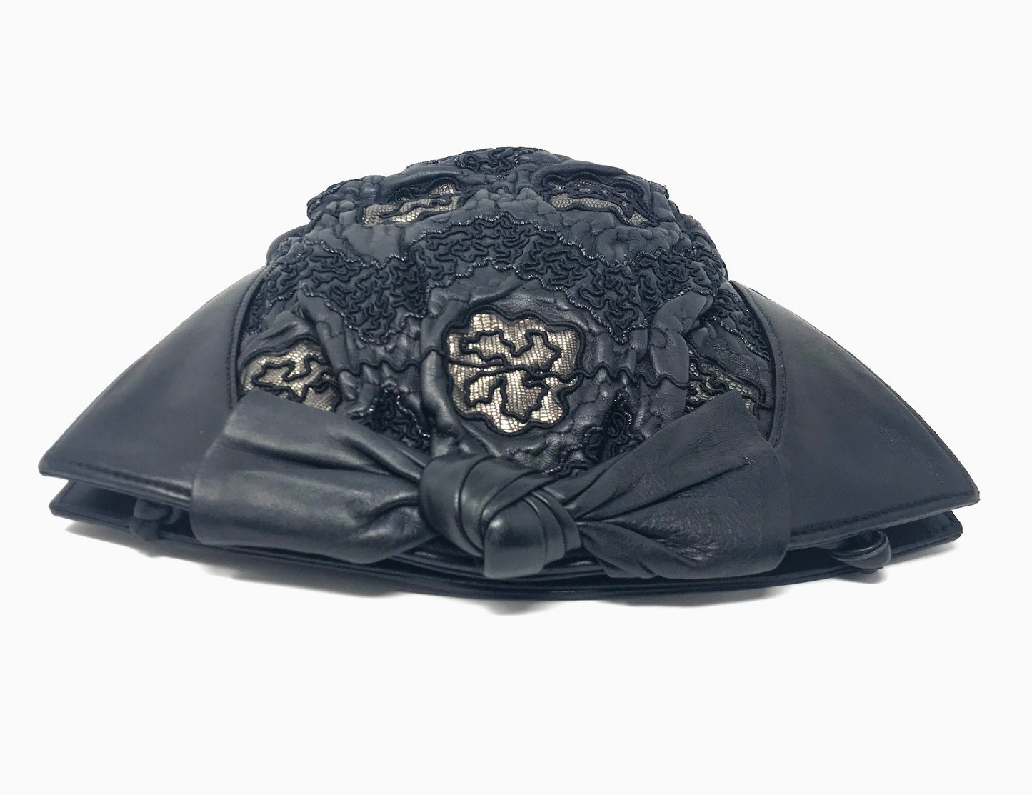 1980s black lambskin crossbody with lacework detail and bow accent