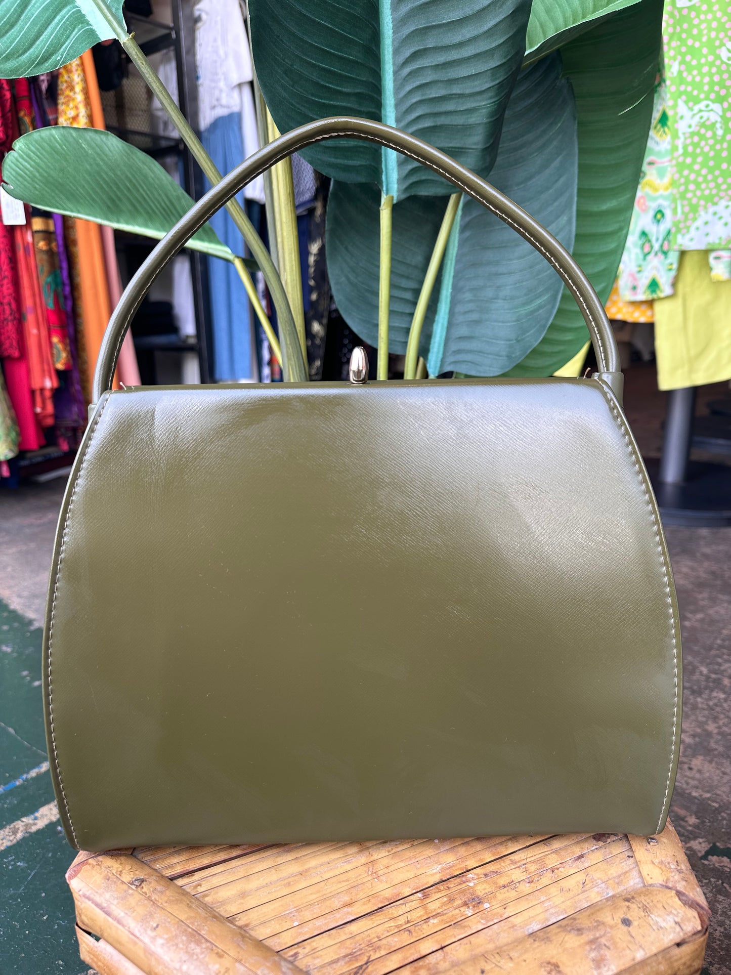 mid-century olive green vinyl top-handle purse