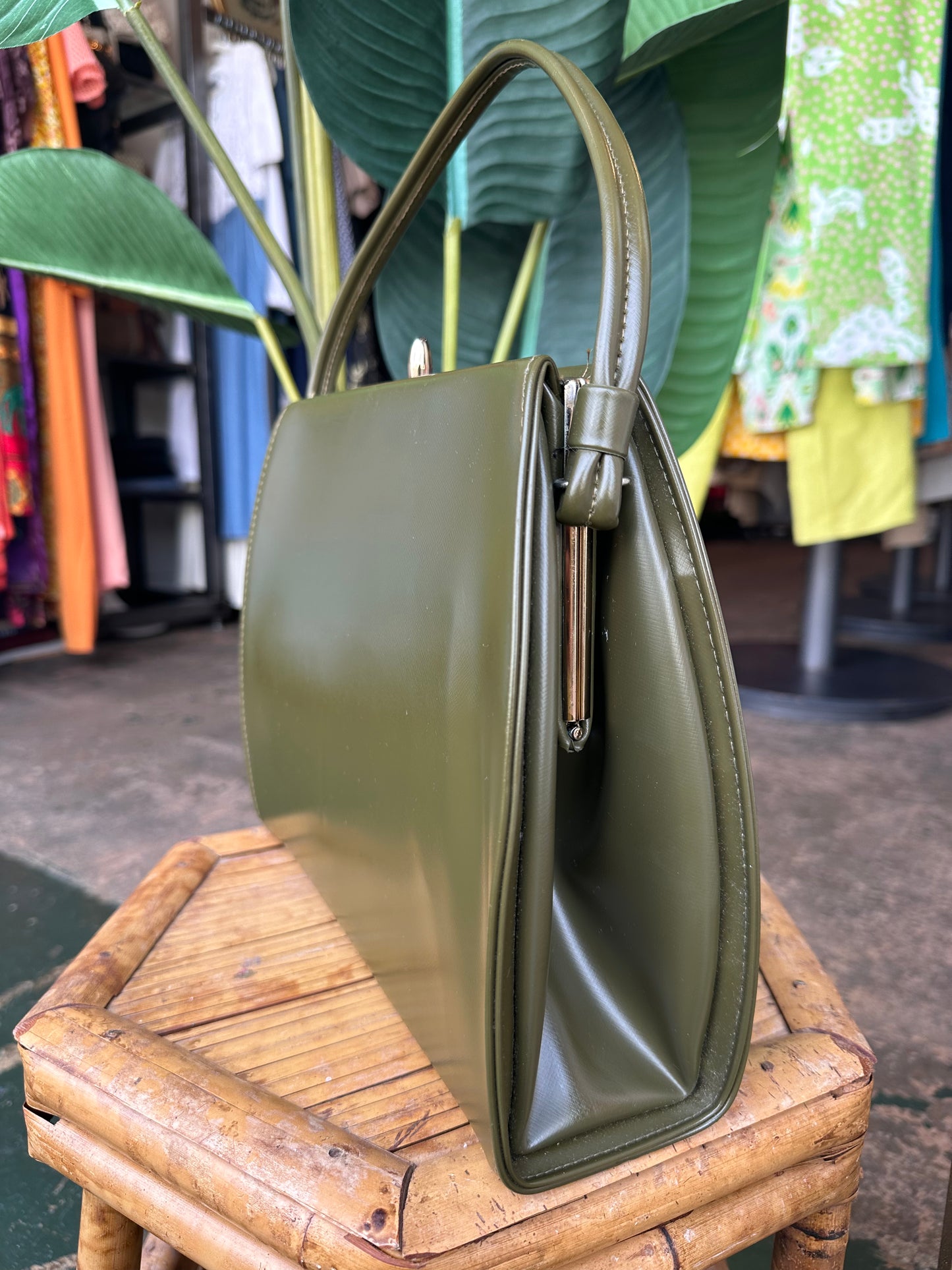 mid-century olive green vinyl top-handle purse