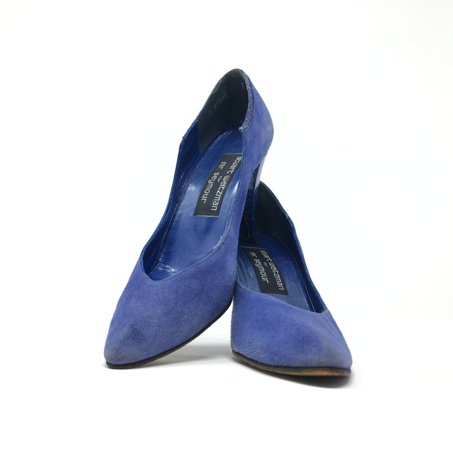 1980s Stuart Weitzman blue suede + snakeskin heels