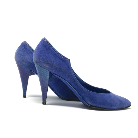 1980s Stuart Weitzman blue suede + snakeskin heels