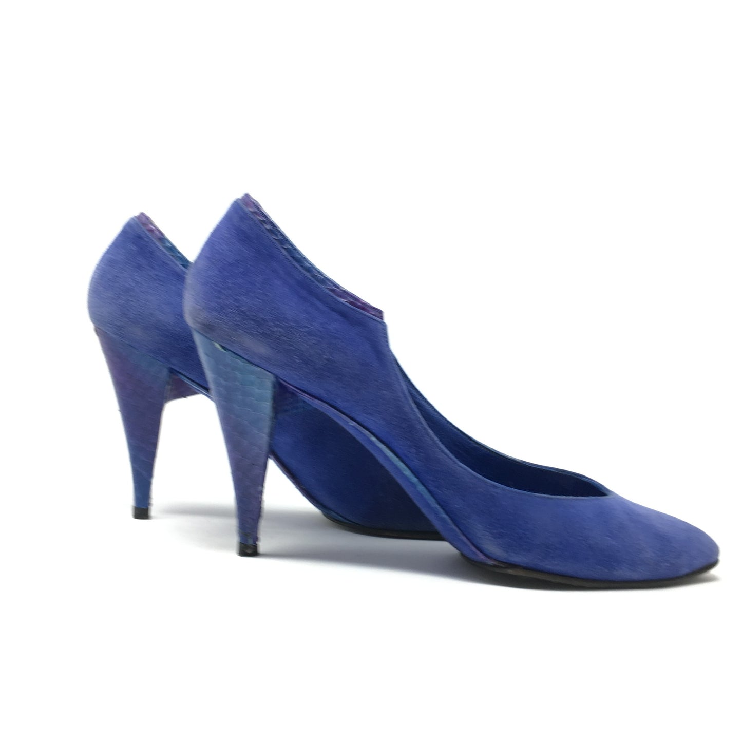 1980s Stuart Weitzman blue suede + snakeskin heels