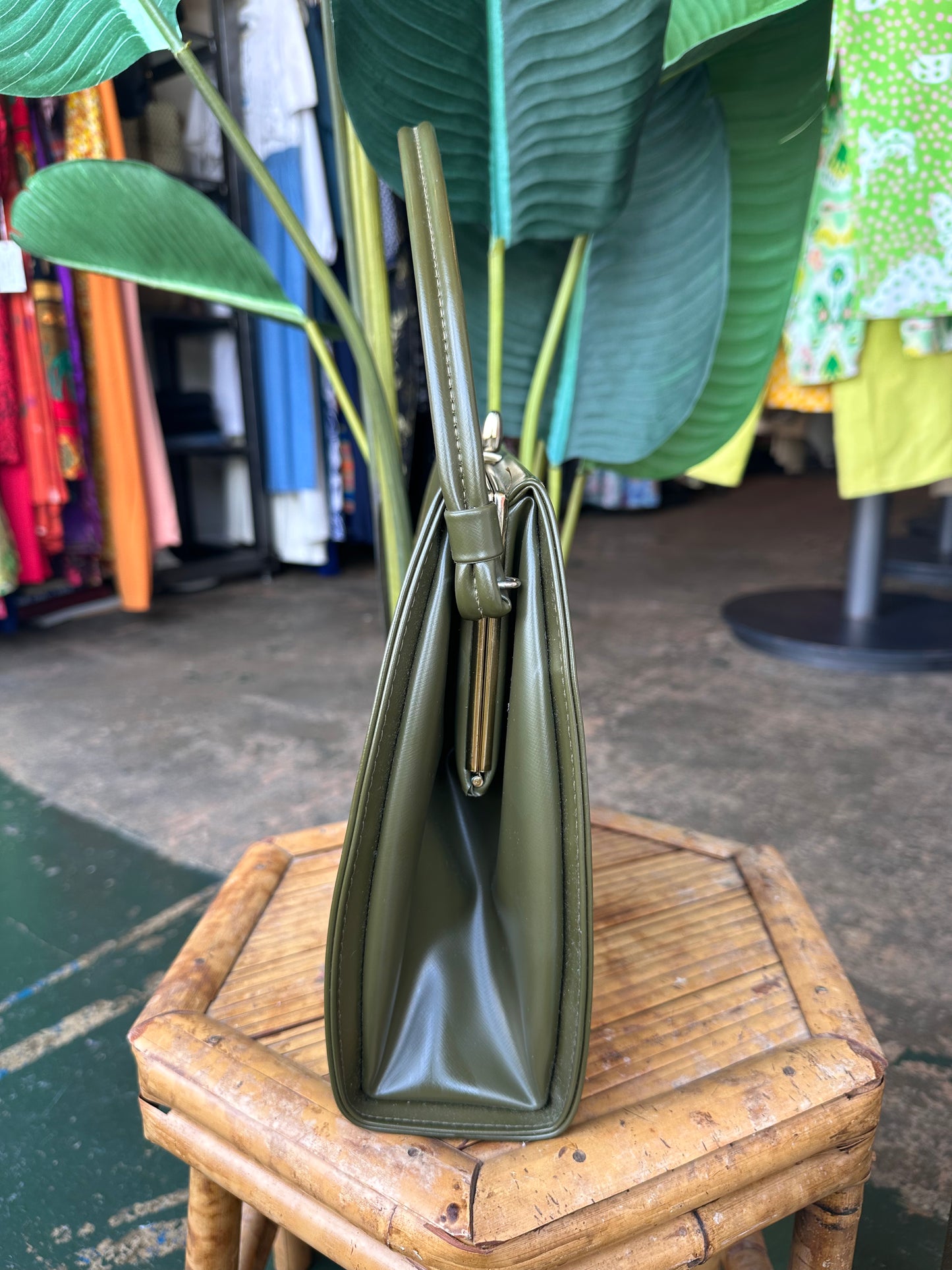 mid-century olive green vinyl top-handle purse